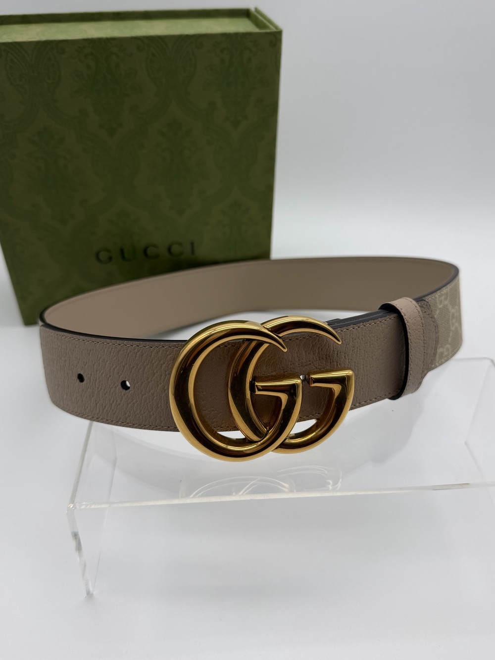 Gucci Taupe Leather Double G Belt with Gold Buckle Size 65